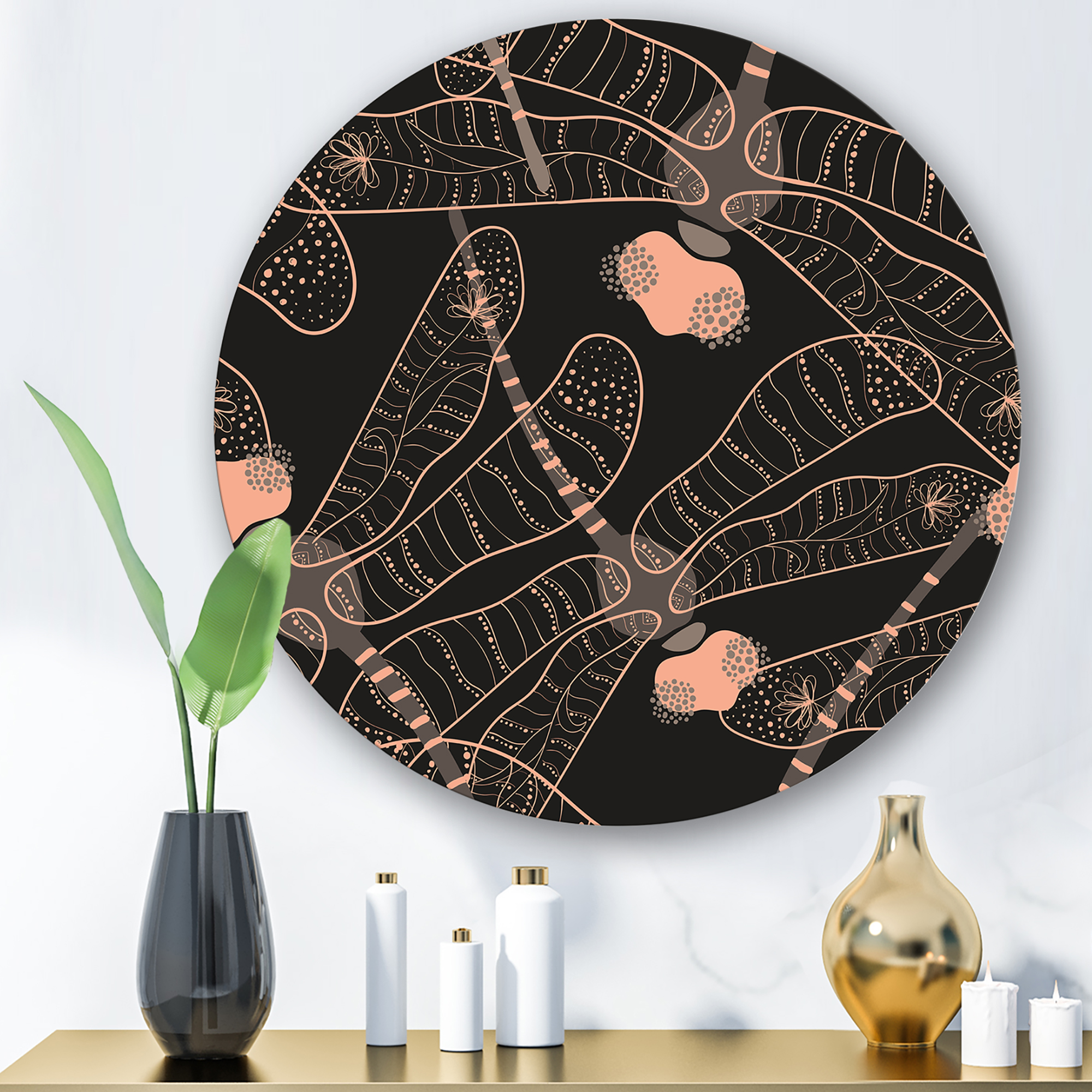 Designart 'Dragonflies With Folk Art Seamless Pattern' Bohemian & Eclectic Circle Metal Wall Art 23x23 - Disc of 23