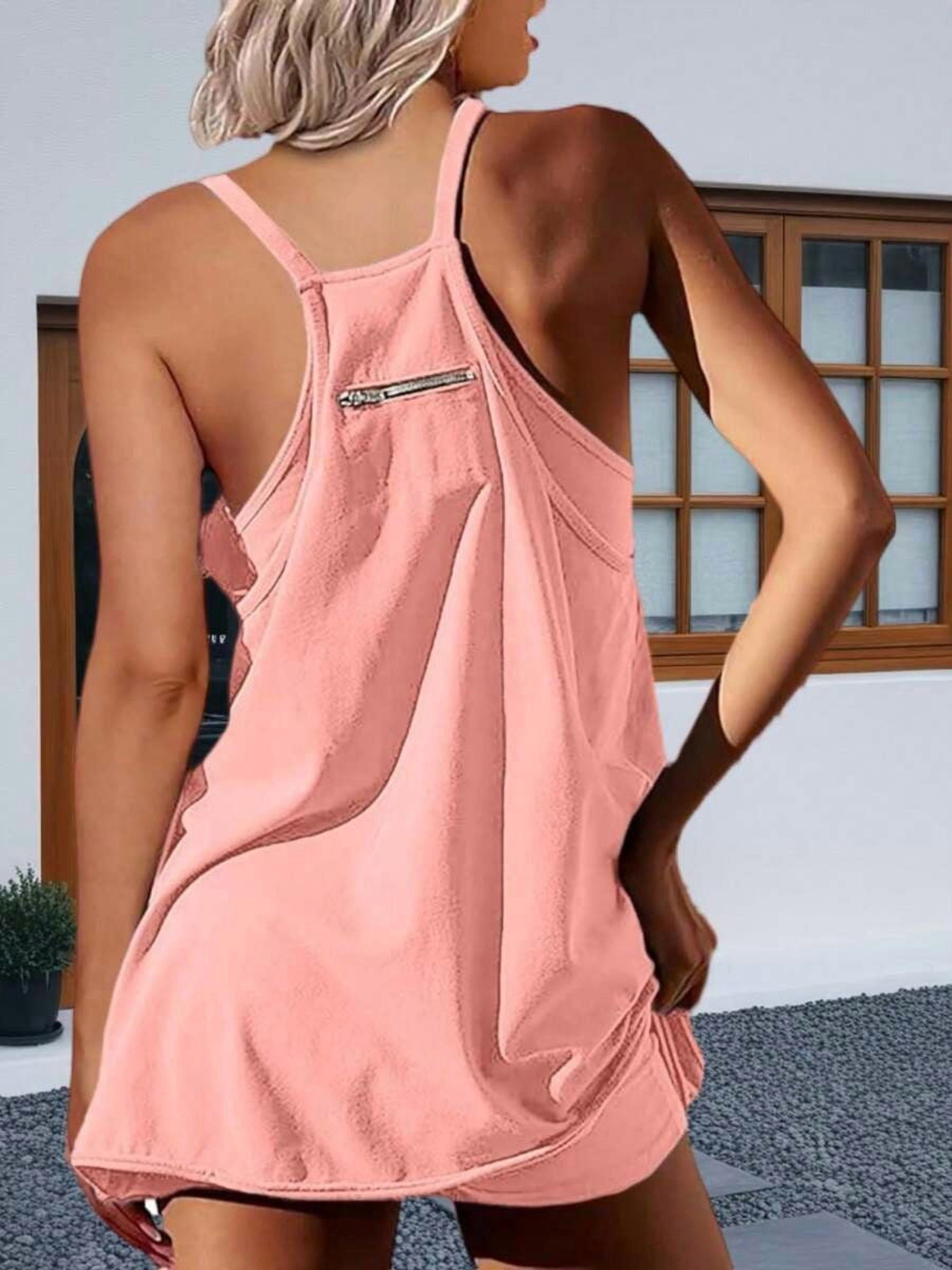 Pink Womens Sleeveless Athletic Tennis Mini Dress With Pockets For Workout And Summer