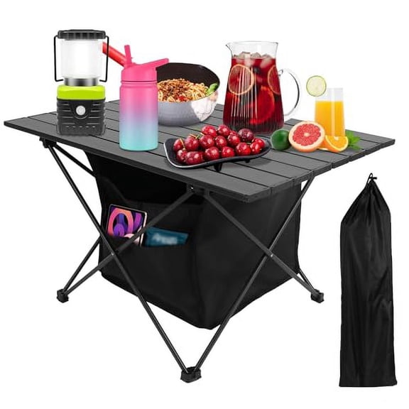 Camping Table with Storage, Lightweight Beach Table, Aluminum Portable Folding Table with Carry Bag for Outdoor, Travel, Picnic, BBQ, Cooking, Sand, RV (L)