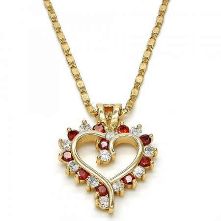 Folk Jewelry - Decorative Heart With White And Garnet Cubic Zirconias Gold Plated Ladies Pendant Necklace By Folks Jewelry