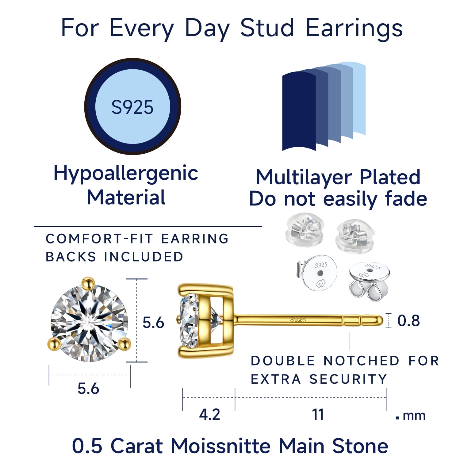 MomentWish 1 Carat Moissanite Earrings for Women 14K Gold Plated Solitaire Studs Graduation Anniversary Birthday Gift for Her