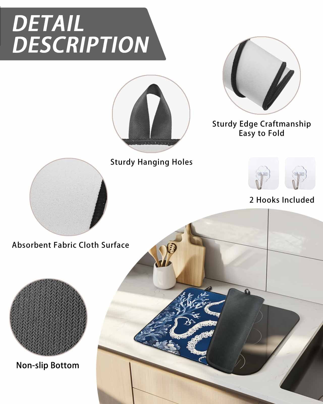 Stove Top Covers for Electric Stove, Beige Octopus Coastal Glass Stovetop Cover Protector, Navy Blue Nautical Ocean Coral Induction Cooktop Protector Oven Mat for Kitchen Countertop 24"x21"