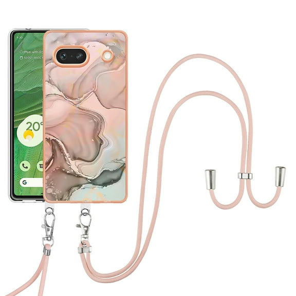 Feishell for Google Pixel 8 Case with Detachable Crossbody Strap, Fashion Marble Pattern Glossy Cover for Women Girls, Slim Fit Anti-Scratch Phone Case for Google Pixel 8,Rosegold
