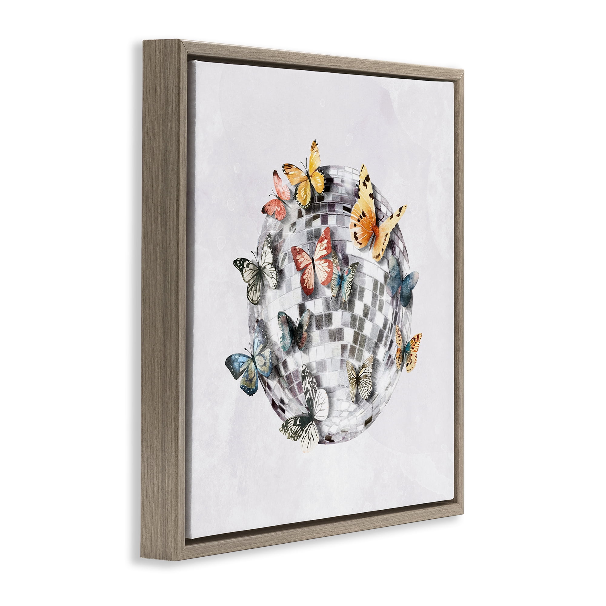 Stupell Industries Butterflies on Disco Ball Insects Painting Brown Floater Framed Canvas Art Print Wall Art, 25 x 25