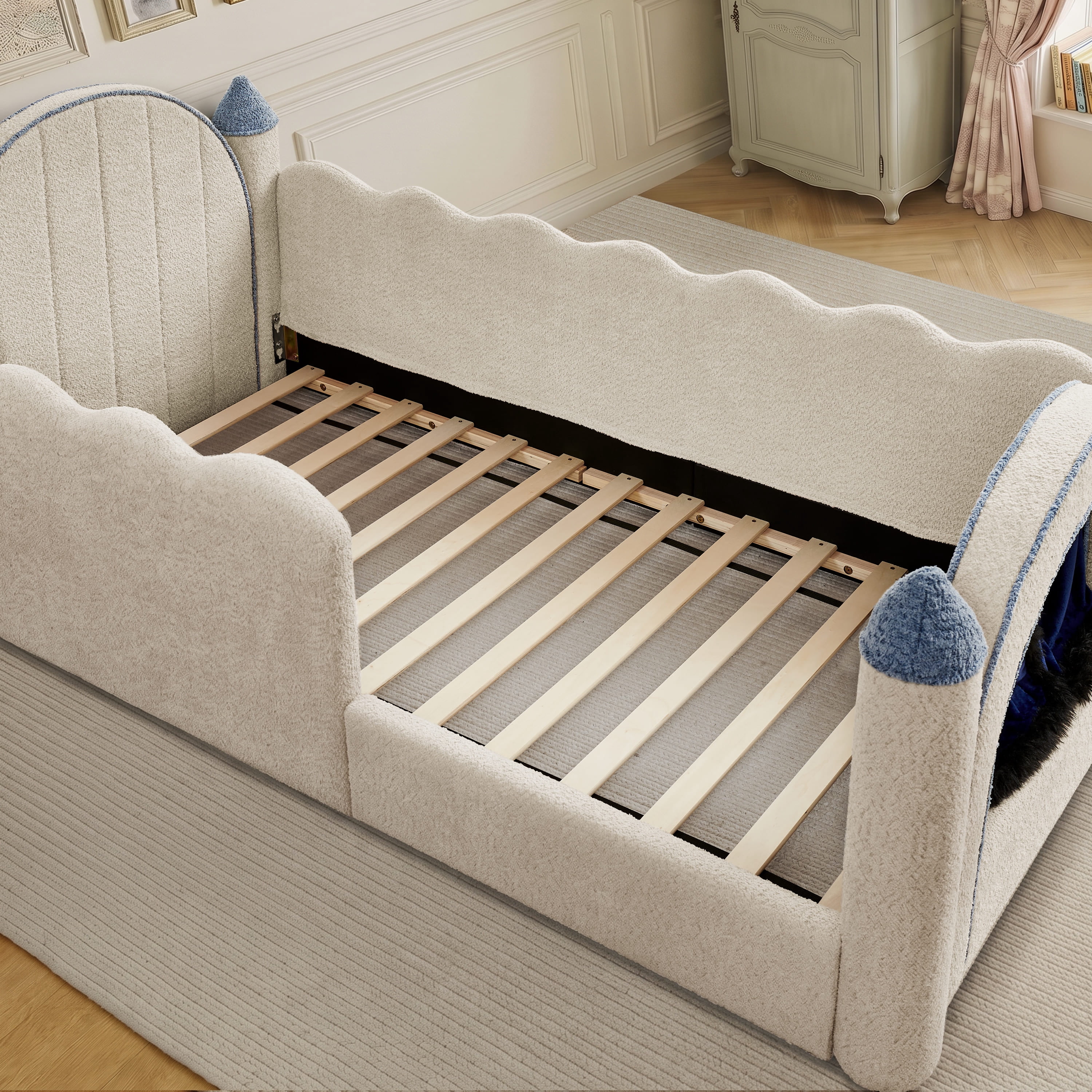 Wakefit Twin Size Castle Bed with Safety Guardrails & Curtain,Boucle Upholstered Kids Bed Solid Wood Frame,Cute Daybed for Bedroom,Camel
