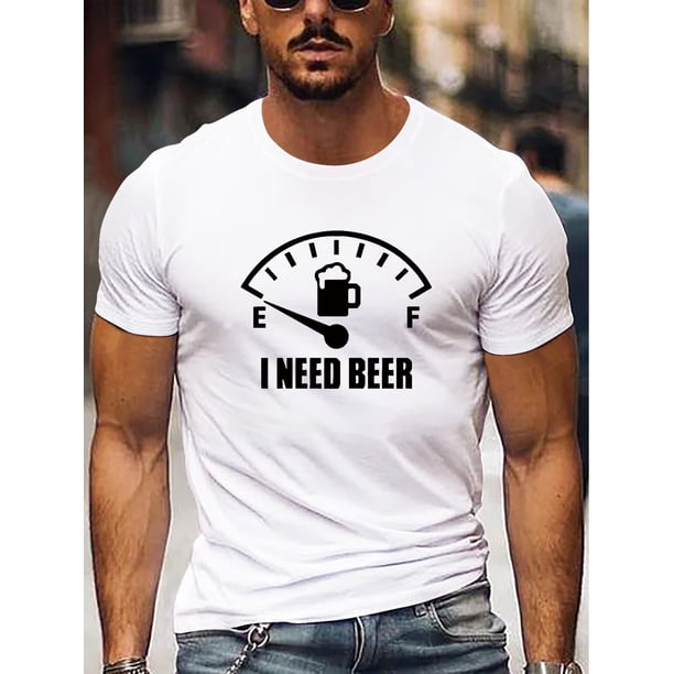 Camiseta blanca con gráfico "I NEED BEER" para hombre - Camiseta deportiva informal de manga corta y cuello redondo, mezcla de algodón transpirable, ideal para entrenar en verano y divertirse a diario