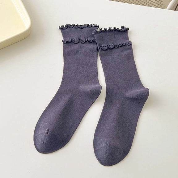 suxuMhao 5 Pairs Double Layered Ruffle Socks, Soft Cotton Calf-length Frilly Slouch Ruffle Turn-Cuff Crew Socks, Casual Spring Purple Socks, One Size Fit Most for Daily Wear