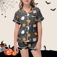 thumbnail image 2 of Weebloom Halloween Pajamas For Kids Girls Cute Pumpkin Outfits 2 Piece Set Short Sleeve Button Down Shirt And Shorts Casual Toddler Clothes Sleepwear Nightwear Pjs Loungewear Grey 8-9 Years, 2 of 5