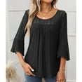 thumbnail image 4 of Defitshape Women's 3/4 Sleeve Blouse Casual Blouse Shirt Chic Crew Neck Chiffon Date Flare Sleeve Illusion Shirt Black Large, 4 of 5