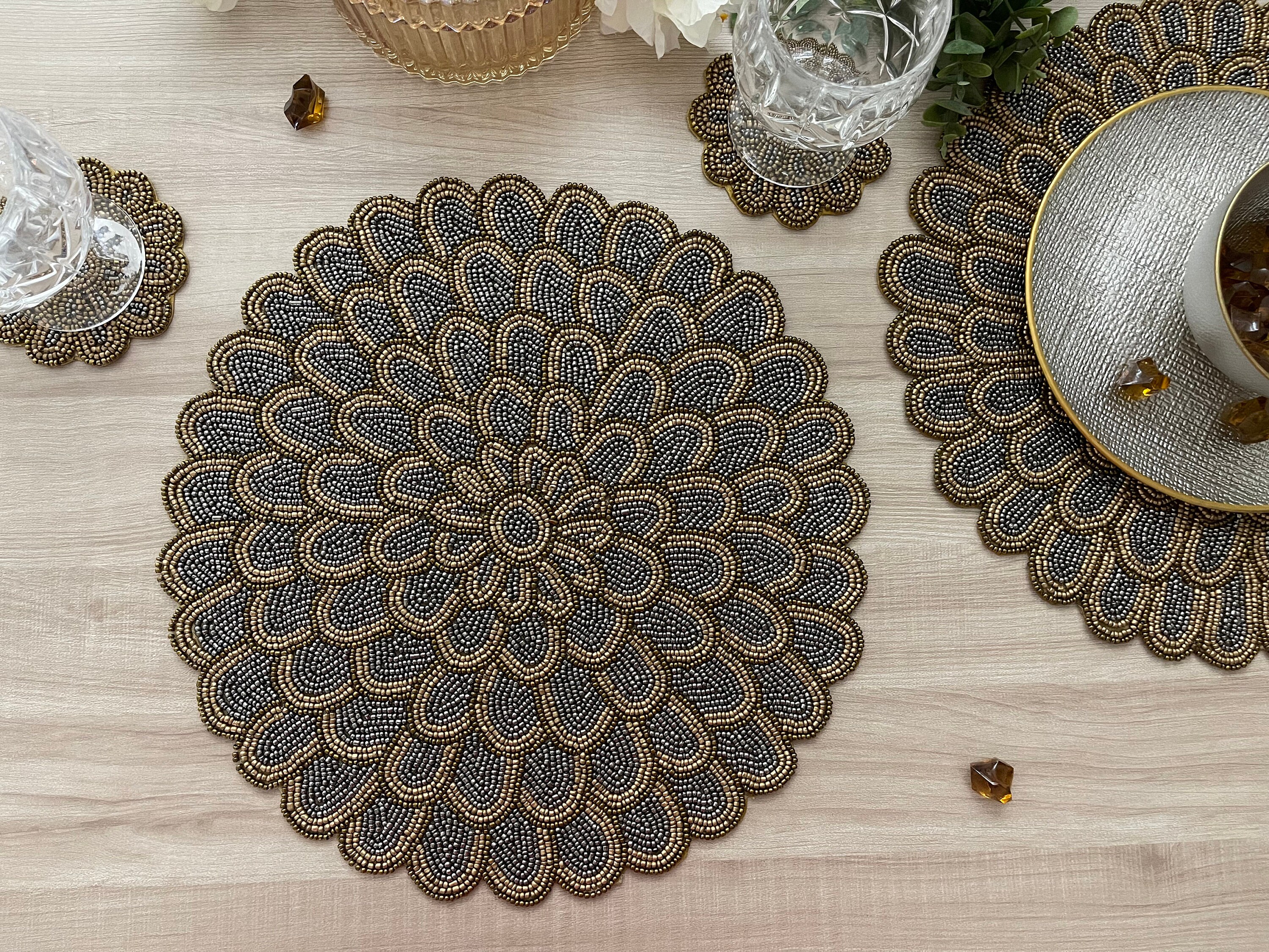 Set of 2, Handmade beaded placemat, gold and grey silver bead charger, tablemat, coasters