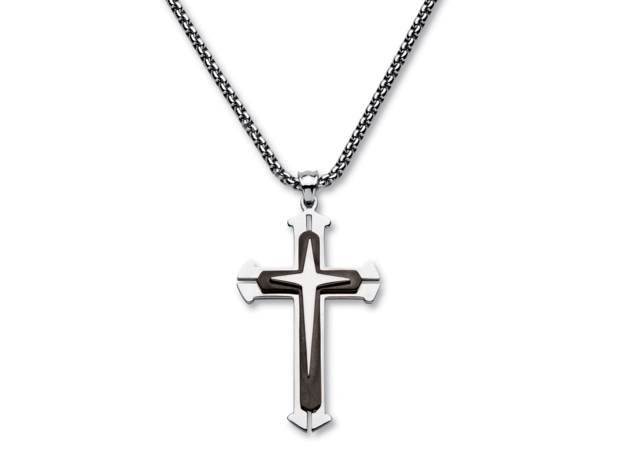Men's Two-Tone Cross with Cubic Zirconia in Stainless Steel & Black Ion Plating 