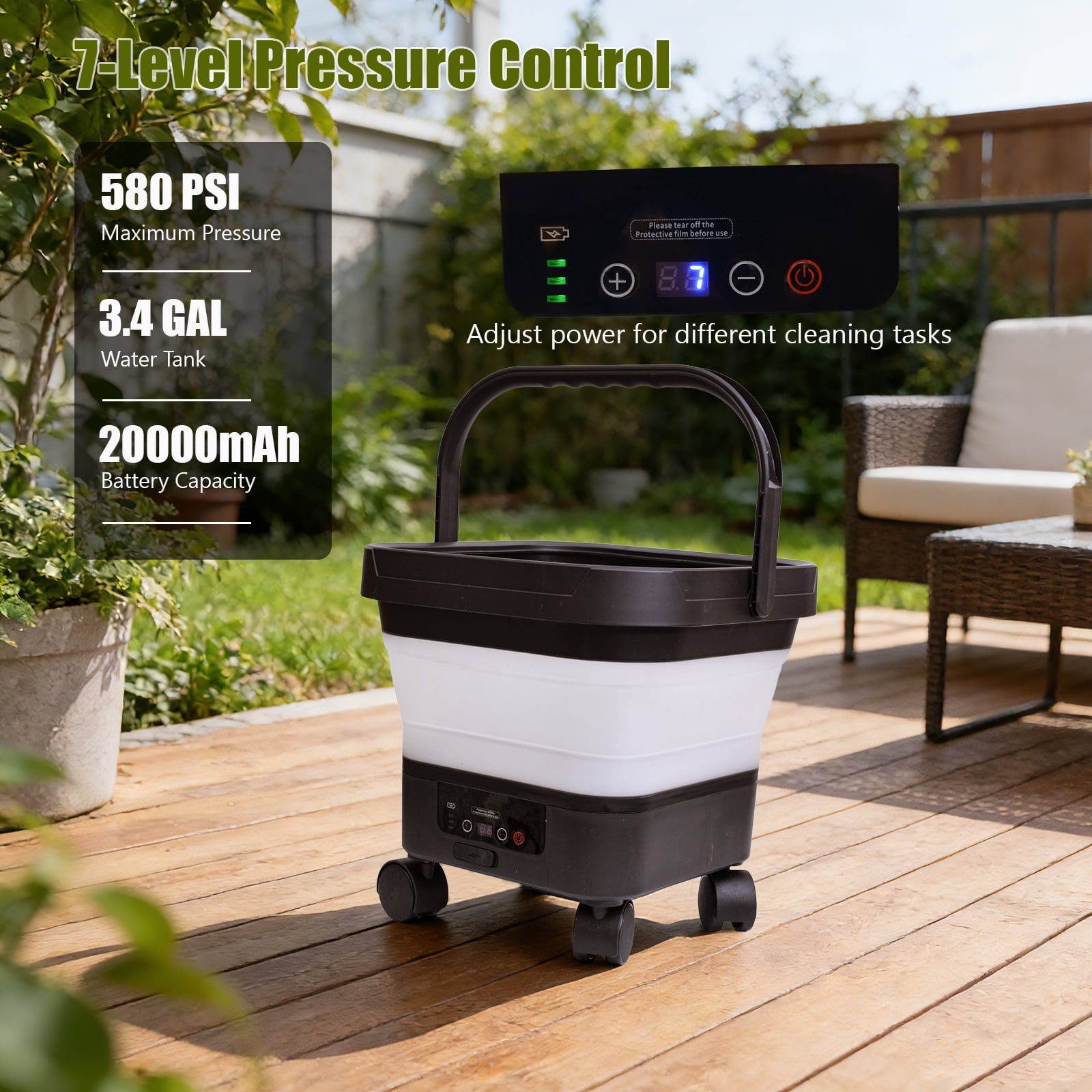 sunorchid Foldable Pressure Washer Electric Cordless w/3.4Gal Tank, 6-in-1 Nozzle, Max 580PSI, Portable Sprayer Washer for Car, Camping, Pet Cleaning, Garden