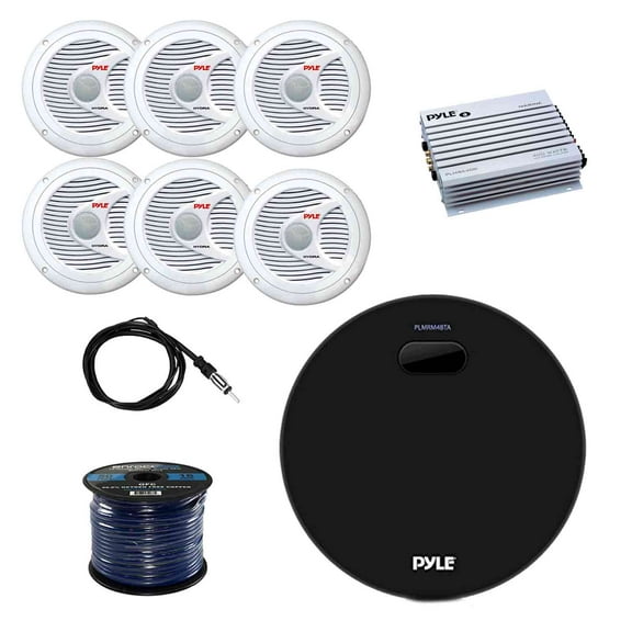 pyle marine bluetooth water resistant amplifier receiver with pyle 2 way marine speakers (3-pairs), pyle waterproof marine amplifier, enrock marine antenna and enrock audio 50' 16g speaker wire