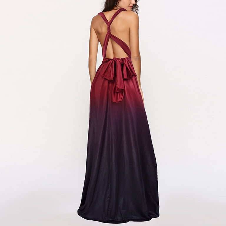 Swsmclt Women's Formal Sexy Maxi Dress V Neck Evening Gown Criss Cross Tie Up Backless Prom Homecoming Hoco Gradient Wedding Cocktail Bridesmaid Long