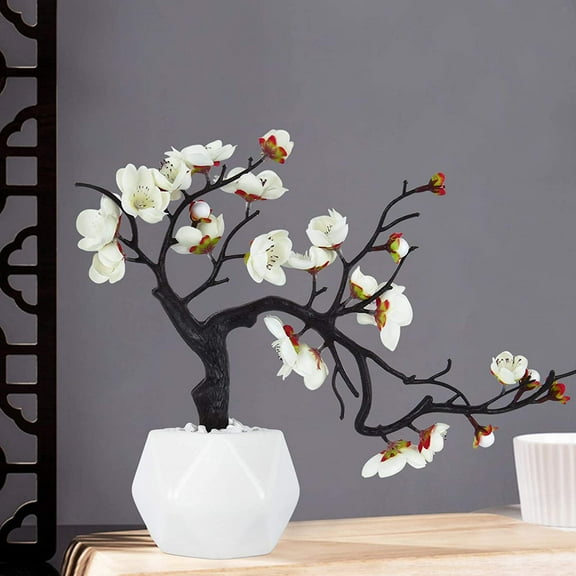 Artificial Flower with Ceramic Vase,Fake Silk White Plum Blossom Plant Potted Arrangement for Home Living Room Party Wedding Garden Office Patio Decoration
