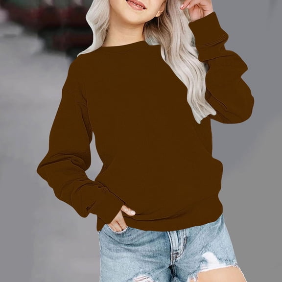 YUTK Girls Summer Tops Toddler Kids Boys Girls Fashion Cute Solid Color Long Sleeve Crewneck Sweatshirt Pullover Top Hoodies Brown