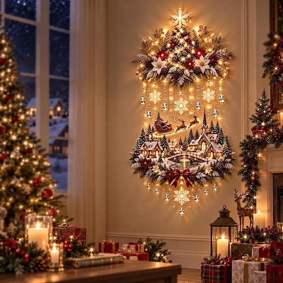 Illuminated Christmas Tree & Village Wall Hanging, Cascading Warm Lights for Living Rooms, Entryways & Staircases, Christmas Wall Decor for Holiday Home Display