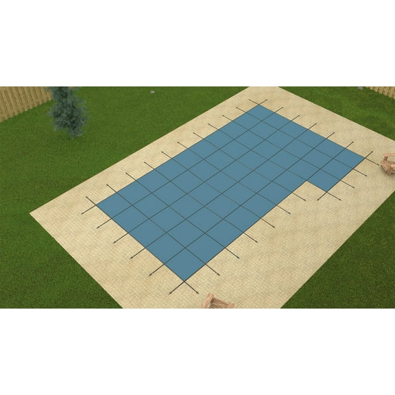 GLI Value X Solid Rectangular Solid Pool Safety Cover with 4' x 8' Left Steps, Blue, 16' x 32'