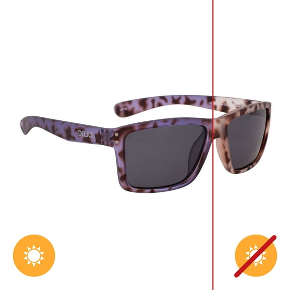 Del Sol Solize Color-Changing Unisex Sunglasses - Just Like Paradise - Changes Color from Clear Tortoise to Purple in the Sun - Polarized Pro, 100% UVA/UVB Protection