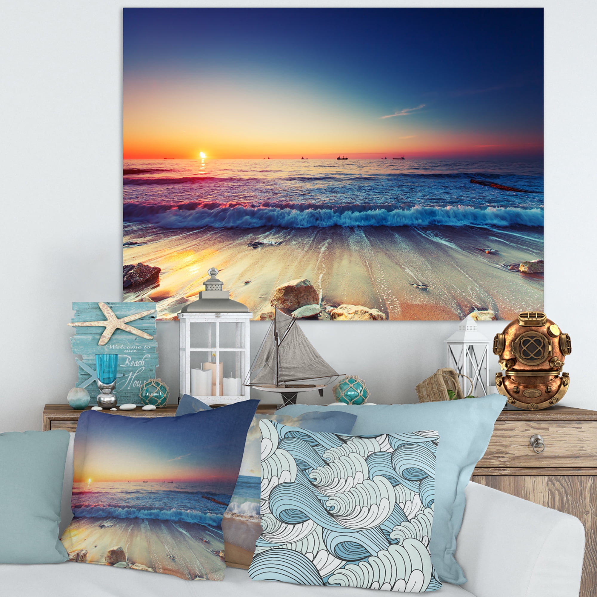 Designart 'Beautiful Sunrise over Blue Sea ' Seashore Canvas Art Print