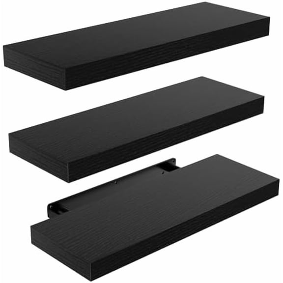 Floating Shelves Black, Wall Shelves with Invisible Brackets for Bedroom, Bathroom, Living Room, Kitchen, Set of 3 - AMFS07