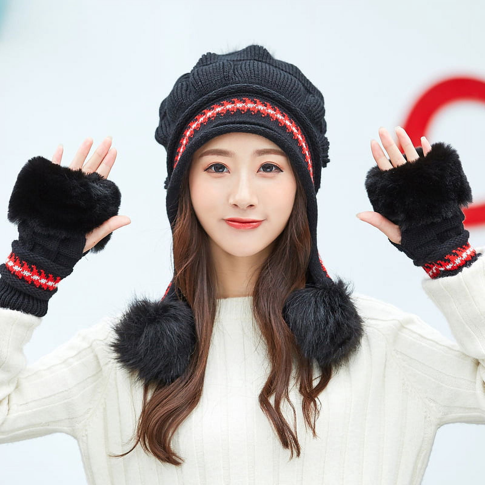 Winter Hat Gloves Set for Women Girls Warm Beanies Pompoms Winter Snow Ski Hats Knitted Caps and Gloves