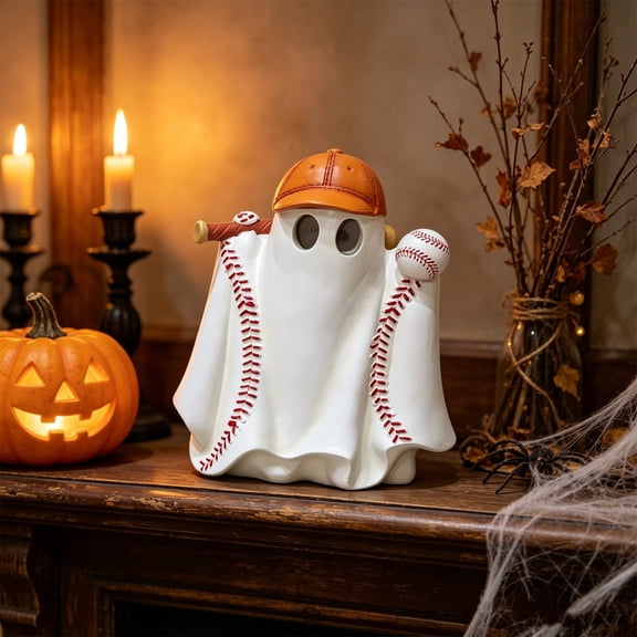 Halloween Baseball Ghost Statue, 6 Inch Cute Resin Figurine Spooky Sports Tabletop Decor for Shelves, Desks, and Home