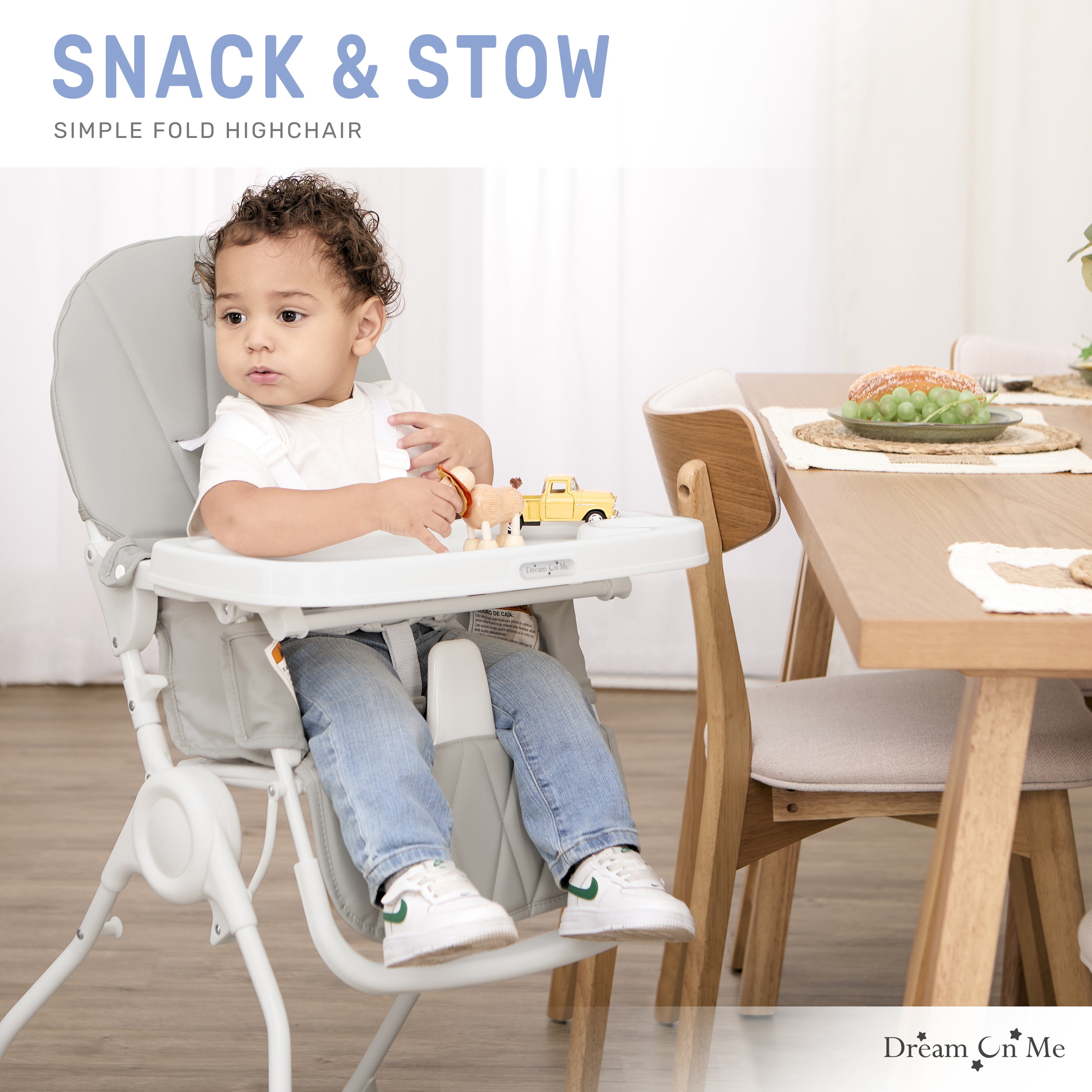 Dream On Me Snack and Stow Baby high Chair, Easy to fold and Store Travel high Chair, Removable and Three Position Adjustable Tray Portable high Chair, Koala Gray