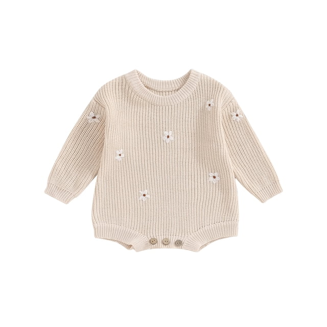Faithtur Combinaison Tricotée pour Bébé Fille, Broderie de Fleurs, Col Rond, Manches Longues, Grenouillère pour l'Automne et l'Hiver