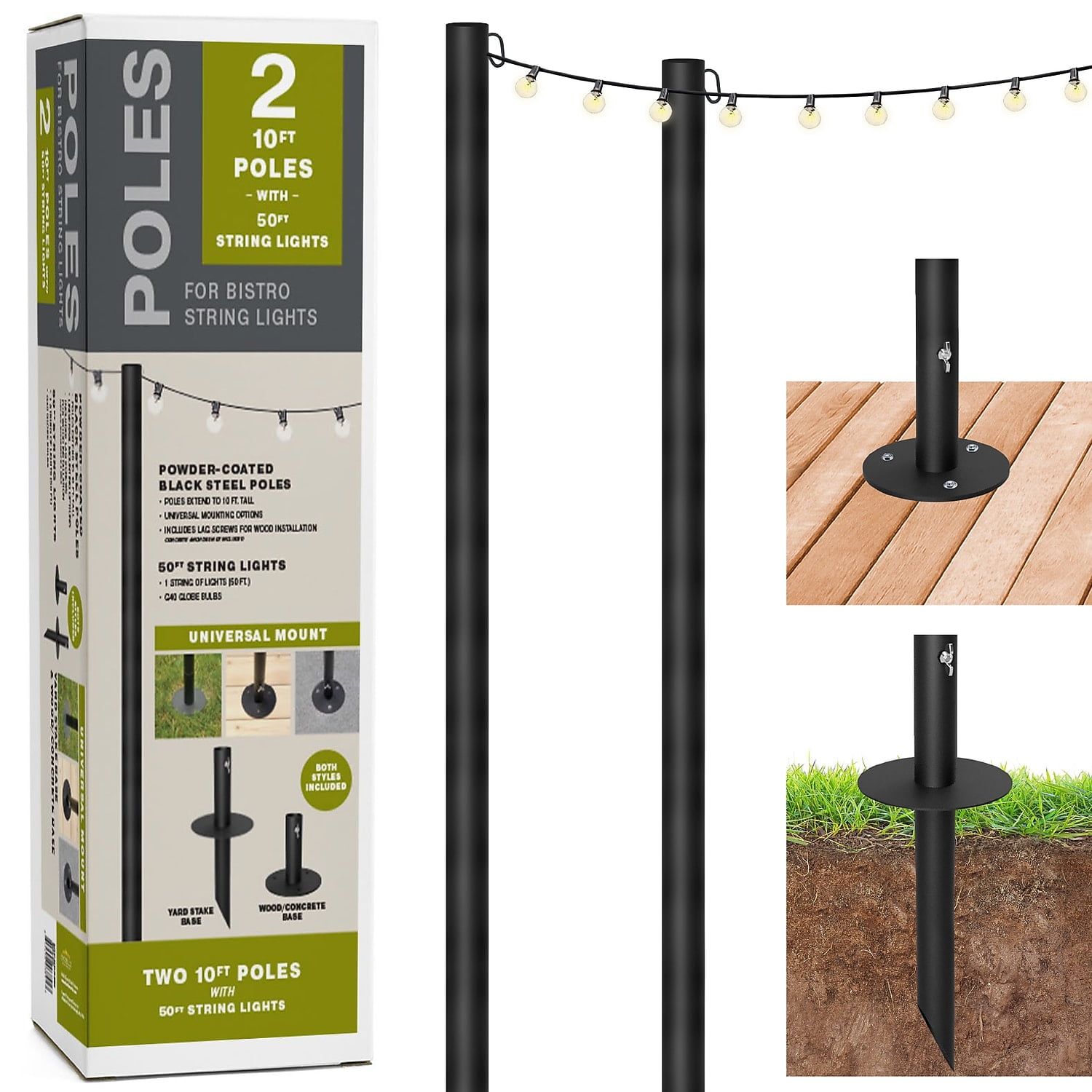 Excello Global Products Bistro Pole for String Lights with 50' G40 Lights Black 2/Pack (EGP-HD-0360)