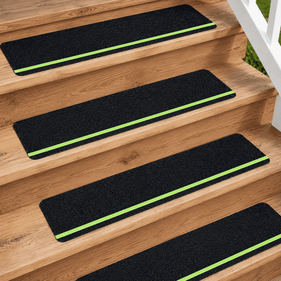 Outdoor Stair Treads Non-Slip Step Strips, 5 Pack 6 x 24 in Anti Slip Tape with Glow-in-the-Dark Stripe for Wooden Stairs, Decks and Porches, Black