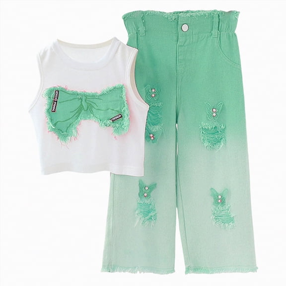 JUMEYU Kid Clothes for Girls Baby Girl Spring Summer Clothes Toddler Outfit Graphic Crewneck Tshirts Joggers Pants Set 5T 6T (Green,5-6 Years)