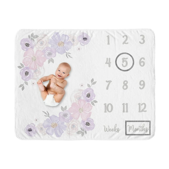 Sweet Jojo Designs Watercolor Floral Purple Grey and Pink Fleece Milestone Baby Blanket 3 Piece Set