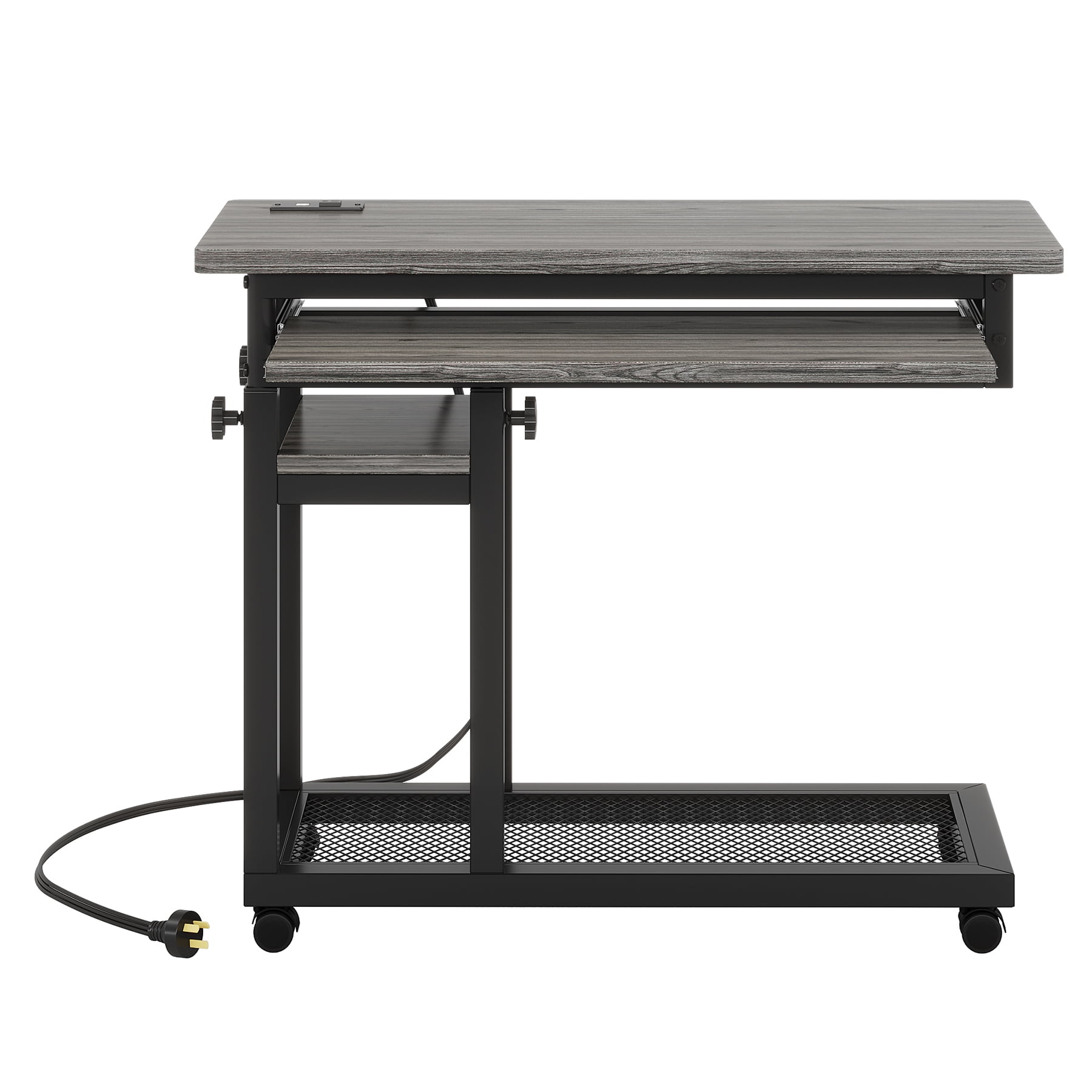 Fnova Small Portable Desk with Charging Station, Height Adjustable Mobile Desk with 4 Wheels, USB Ports & Power Outlet, Rolling Computer Cart, C Side Table for Sofa Couch Bedside, Gray