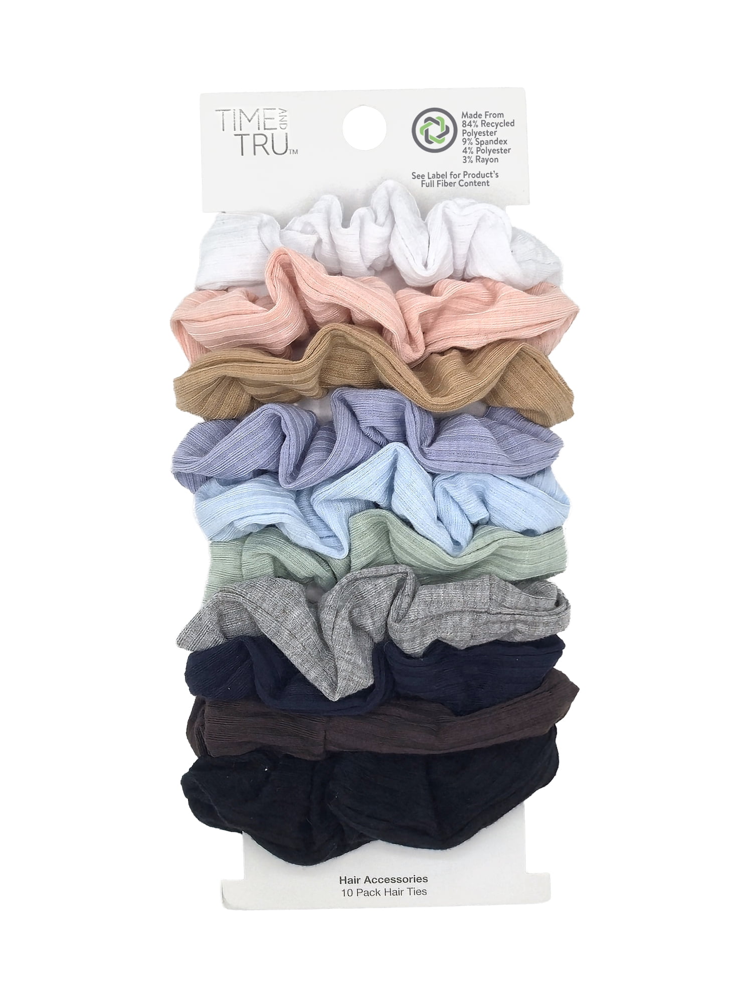 Time and Tru Women's Ribbed Hair Ties, 10-Pack, Multi-Color Ribbed