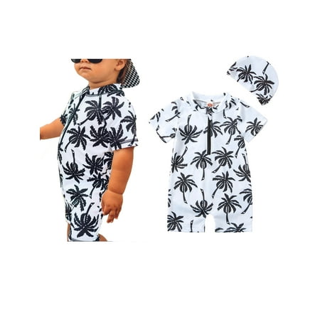 

Baby Boys One Piece Swimsuit Short Sleeve Coconut Tree Print Zip Up Rashguard Swimwear Bathing Suit