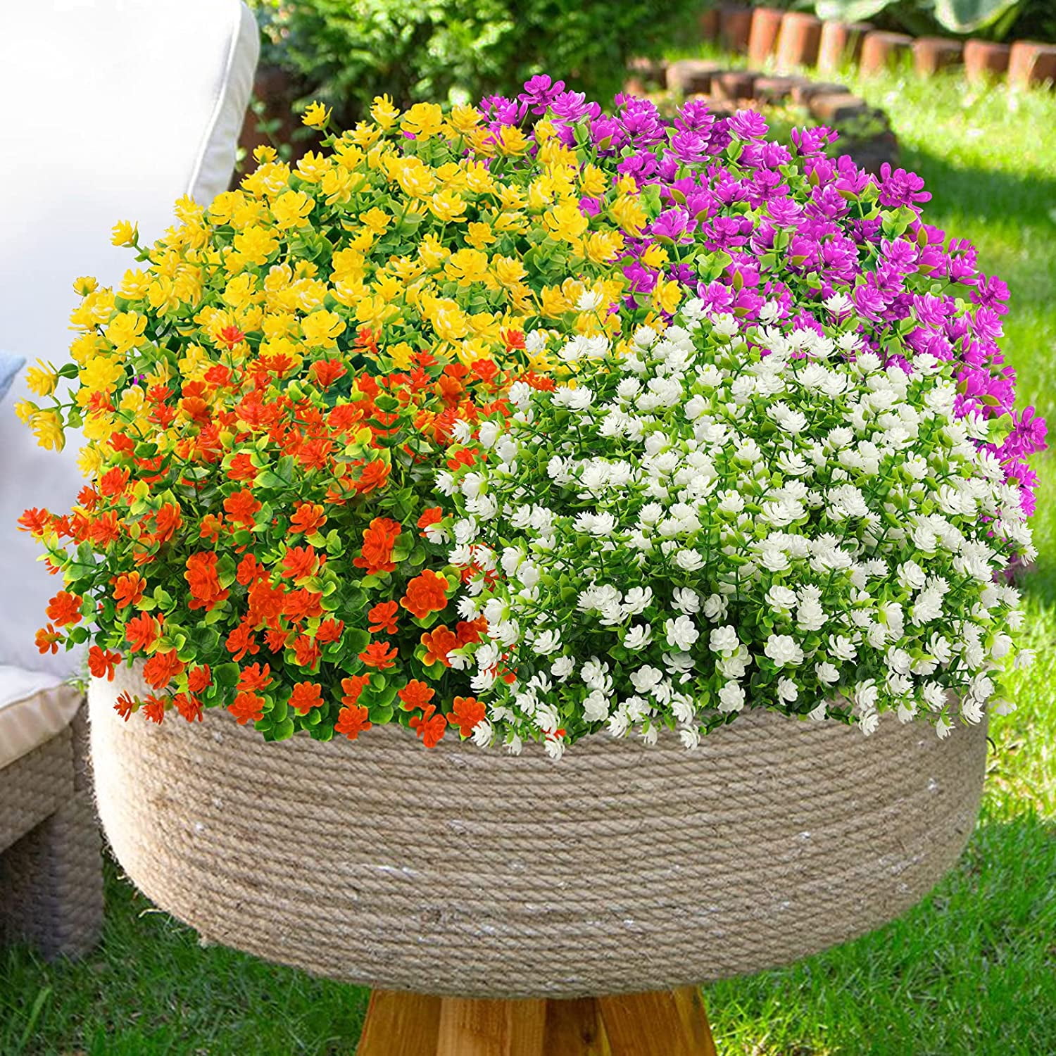 Artificial Flowers Outdoor Fake Flowers for Decoration UV Resistant No Fade Faux Plastic Plants Garden Porch Window Box Décor (6 Bundles, 2#Yellow)