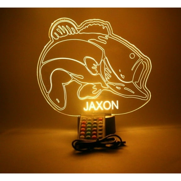 Fish Sea Bass Fishing Night Light Up Lamp LED Personalized Engraved Desk Table Lamp, Our Newest Feature - It's WOW, With Remote, 16 Color Options, Dimmer, Free Engraved, Great Gift