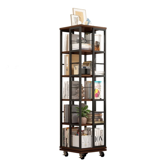 5 Tiers Rotating Bookshelf, Corner Bookcase, 360 Display Wood Revolving Bookshelf, Floor Standing Bookcase, Narrow Shelf, Narrow Rolling Bookshelves for Small Space, Corner, Bedroom, Office
