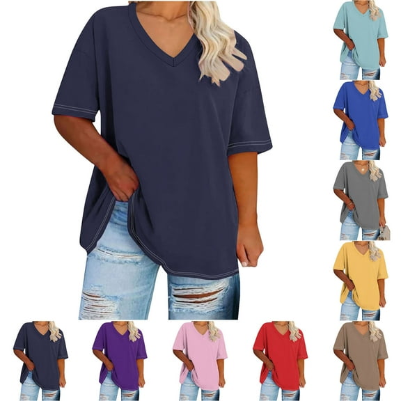 Amzcrzy Plus Size Tops for Women Womens Tops Women's Oversized V-Neck Short Sleeve Solid Color Sports T-Shirt - Summer Casual Activewear Top