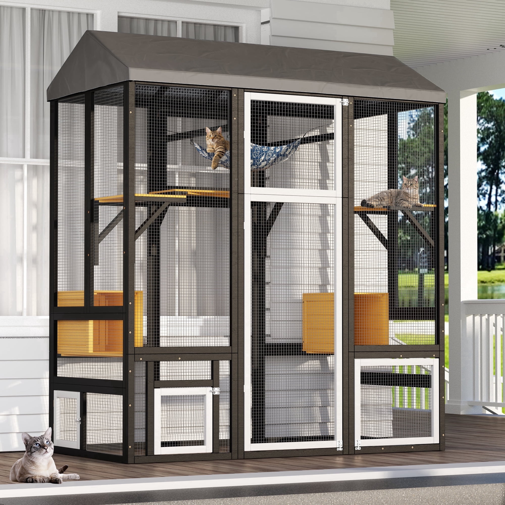 TIMHAKA 71'' Catio Outdoor Cat Enclosure, Large Cat Catio with Window Access, Hammock, 7 Platforms and 2 Resting Box, Black