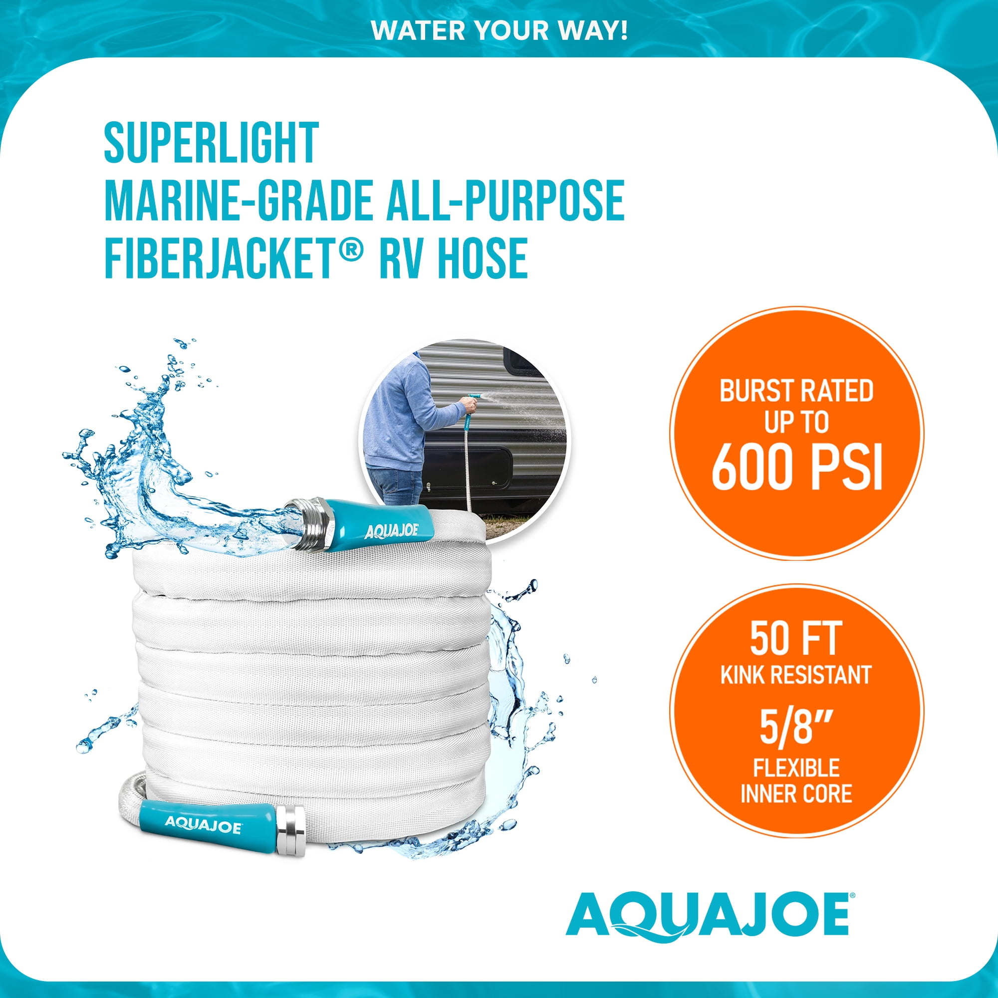 Aqua Joe 50' Expandable RV Hose with Flexible Marine-Grade Fiber Jacket, AJFJH50-58-RV