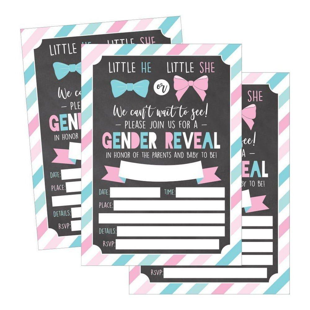 25 Pink and Blue Gender Reveal Baby Shower Party Invitation Cards, He