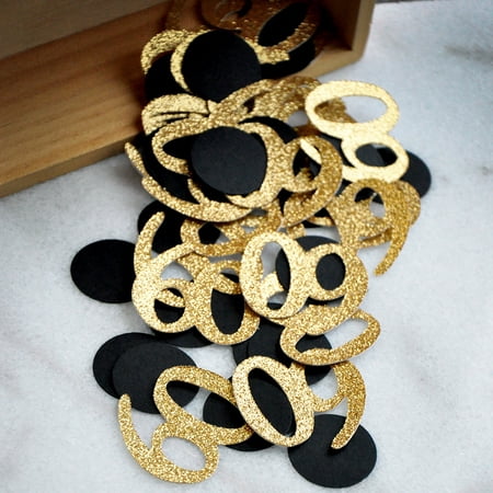 Black and Gold 60th Birthday Decorations. 60th Birthday Ideas. 60 Number Confetti.