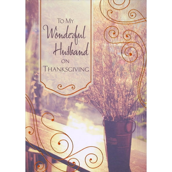 Designer Greetings Tall Plants in Metal Vase on Wooden Ledge Thanksgiving Card for Husband