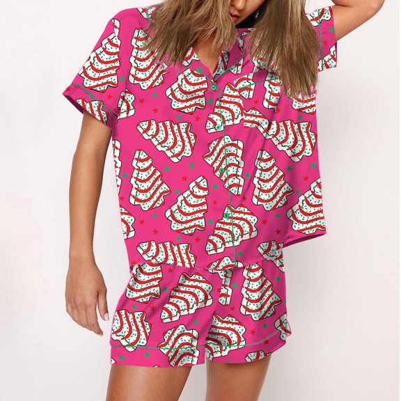 SheShow Christmas Tree Cakes Silky Casual Short Sleeve Pajama Set for Women, Hot Pink, XS