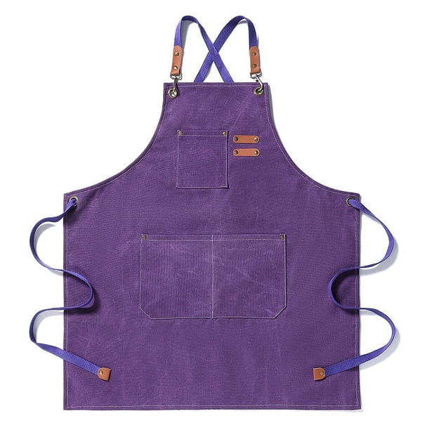 Zhuge Delantales de chef para hombres y mujeres con bolsillos grandes, delantal de trabajo resistente, ajustable, con espalda cruzada de lona de algodón, talla M a XXL (morado)