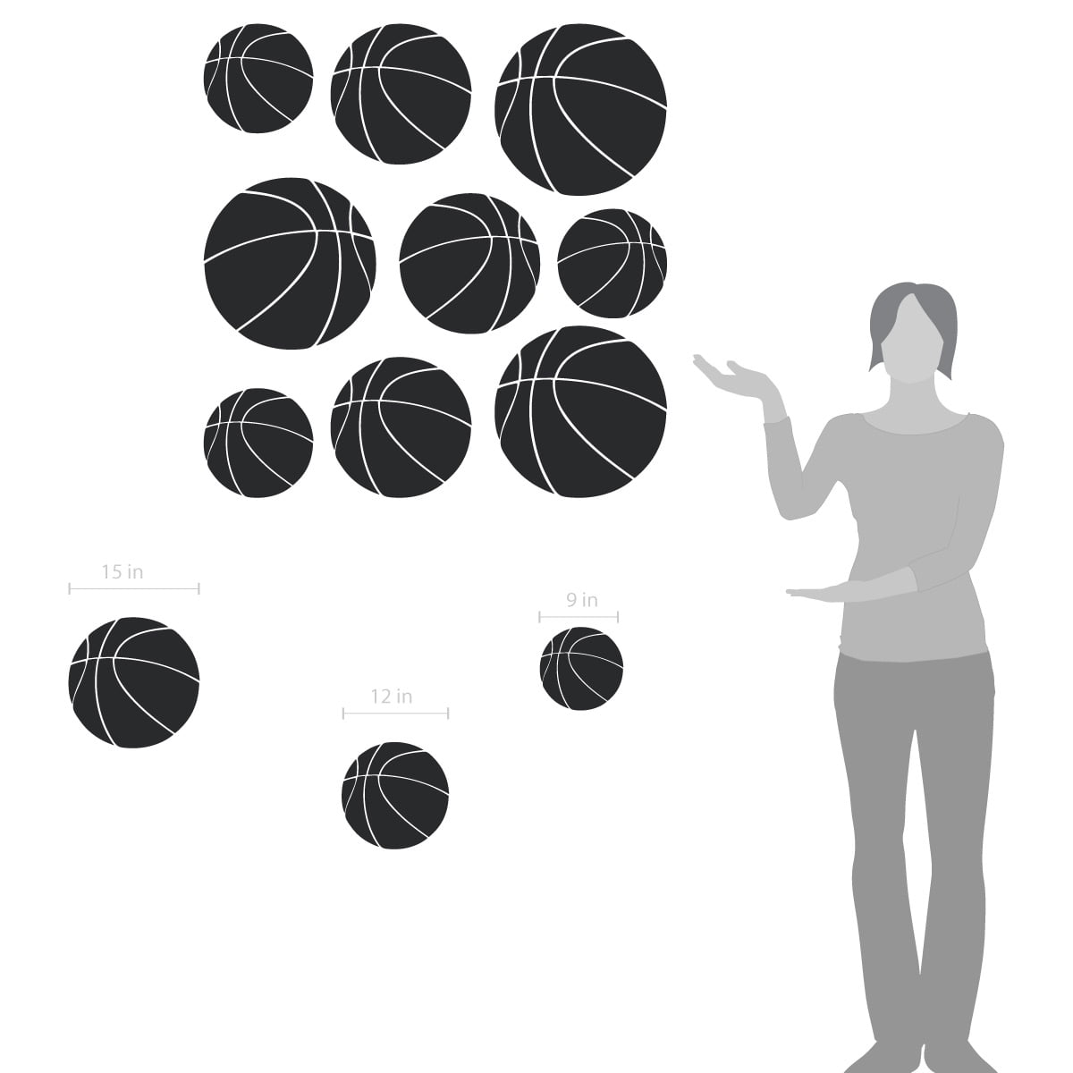 Basketball Kids Room Sports Decor Wall Decal Stickers [Set of 9]