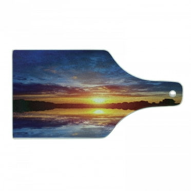 Lake Cutting Board, Dreamy Sunset Scenery with Reflection on the Lake Dramatic Dusk Twilight, Tempered Glass Cutting and Serving Board, Wine Bottle Shape, Blue Pale Orange Yellow, by Ambesonne