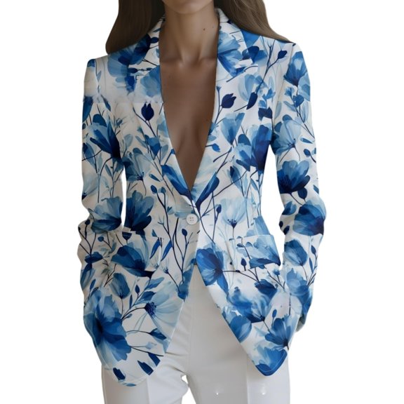 ZHOGXU Womens Plus Size Coat Blue Floral Print Notched Formal Suit Jacket Modern Fancy,Workout Daily Wear,Blue,XXL
